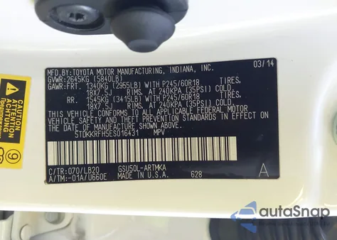 2014 Toyota Highlander Xle V6 из США, поврежденный, VIN 5TDKKRFH5ES016431